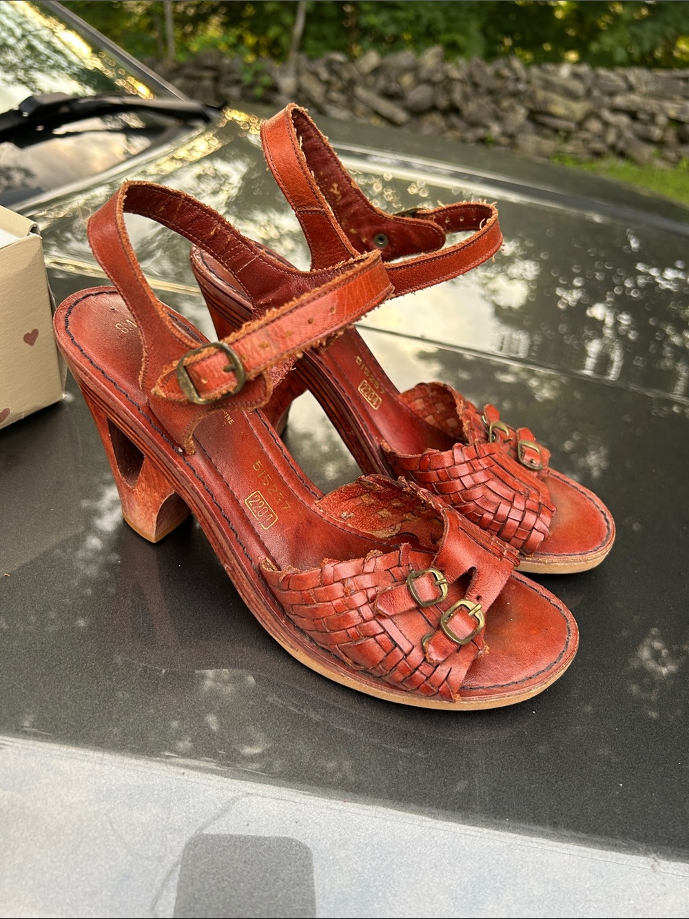Women's Red Leather Woven Heeled Sandals